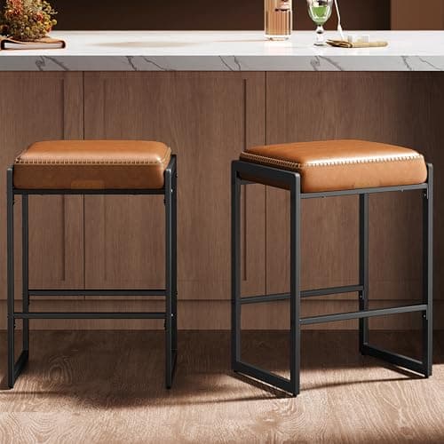 VASAGLE Bar Stools Set of 2, Counter Height, PU Leather, 26-Inch | Mid-Century Modern Bar Stool with Stitching, Kitchen, Home Bar, Dining Room, Caramel Brown, EKHO Collection ULBC086K01