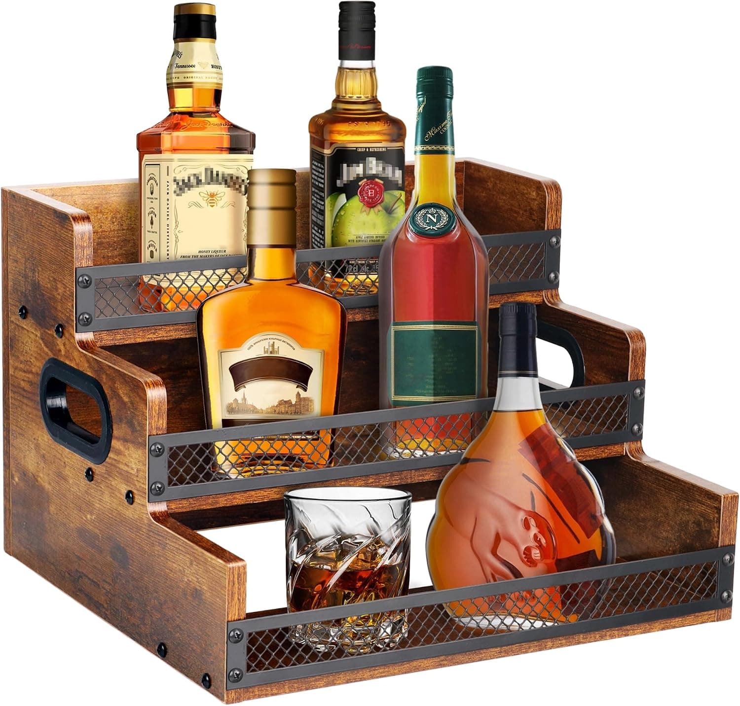 Liquor Bottle Display Shelf, 3 Step Countertop Rack, 12 Bottles with Fences & Handles