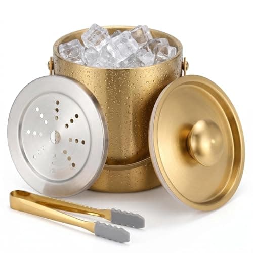 Sipoyen 3L Gold Ice Bucket with Lid & Tong, Double Wall Wine Chiller
