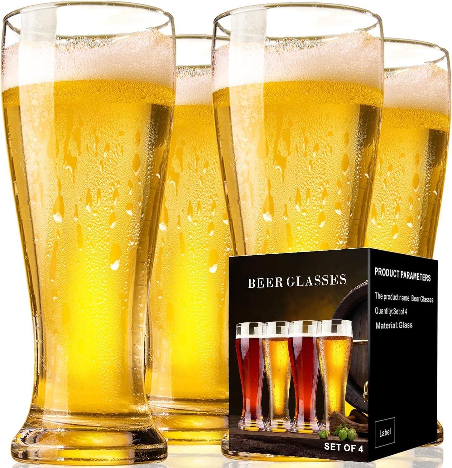 PARACITY Beer Glasses 14oz, Pilsner Wheat Pint Glasses, Set of 4
