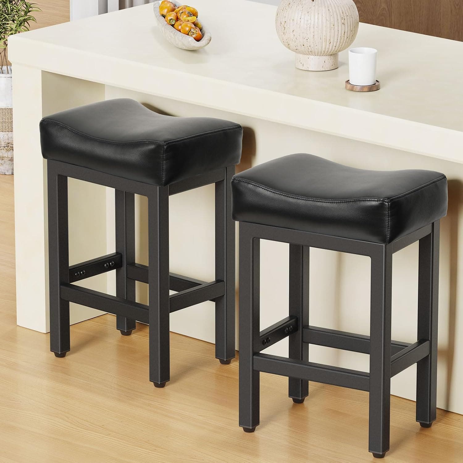 Raynesys Counter Height Bar Stools Set of 2, 24 Inch Bonded Leather Saddle Seats