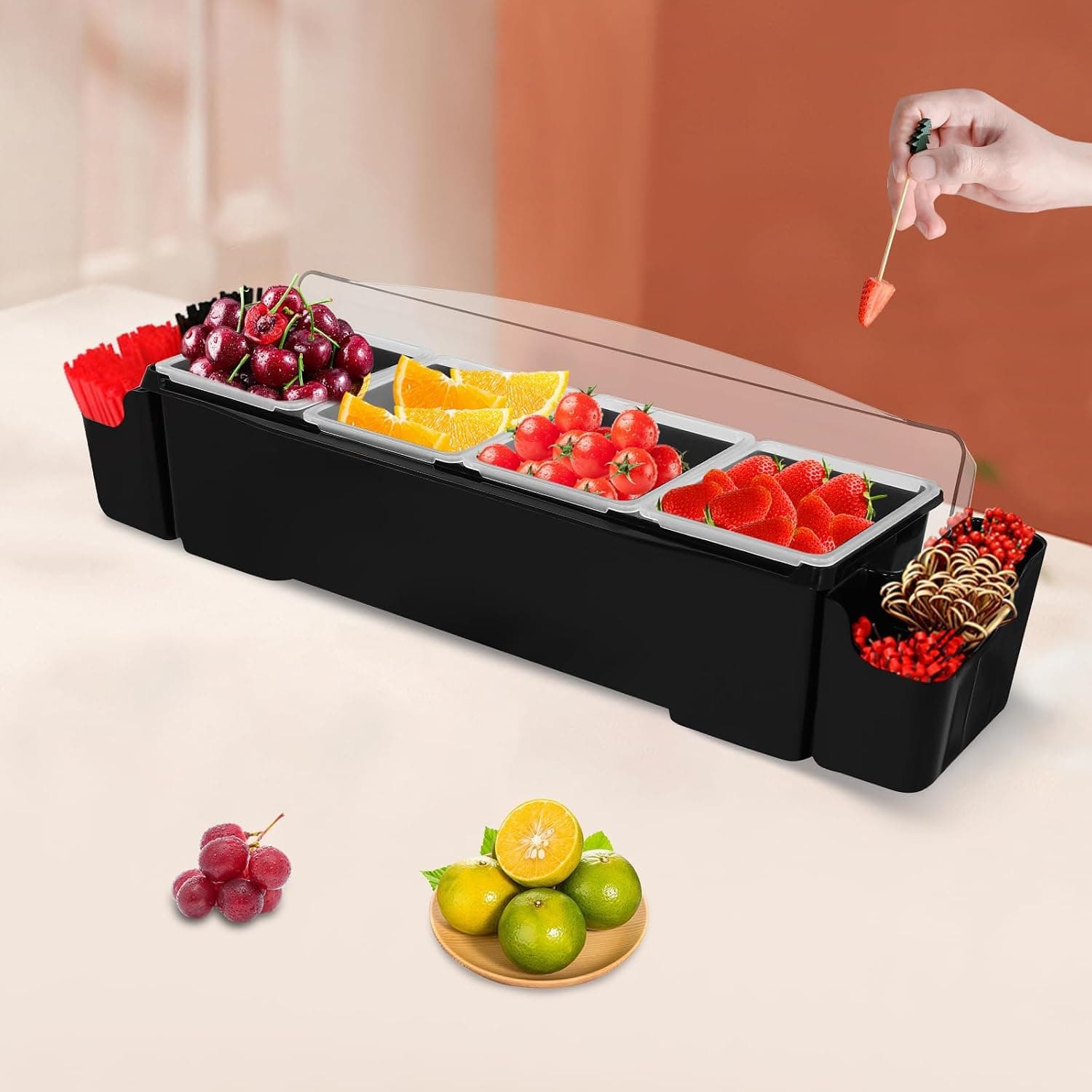 Garnish Tray with Lid Bar Caddy, 4 Compartment Dispenser Tray
