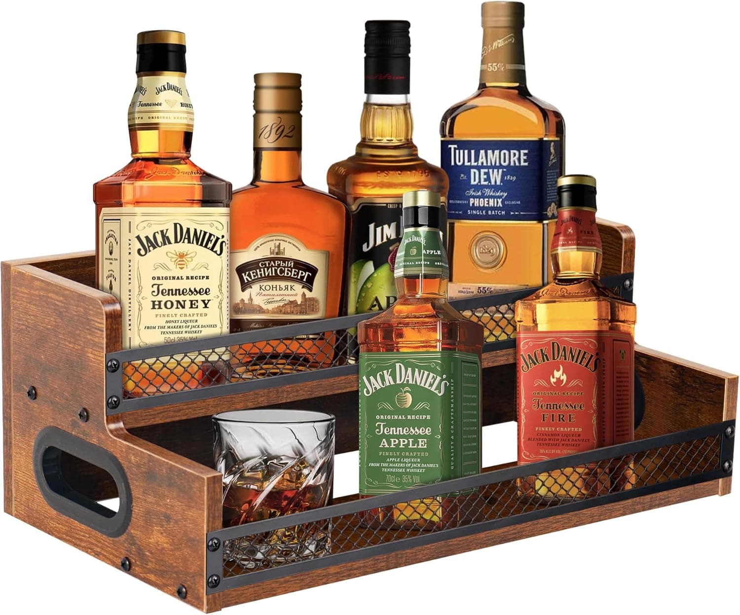 Liquor Bottle Display Shelf, 2 Step Countertop Rack, 10 Bottles with Fences & Handles