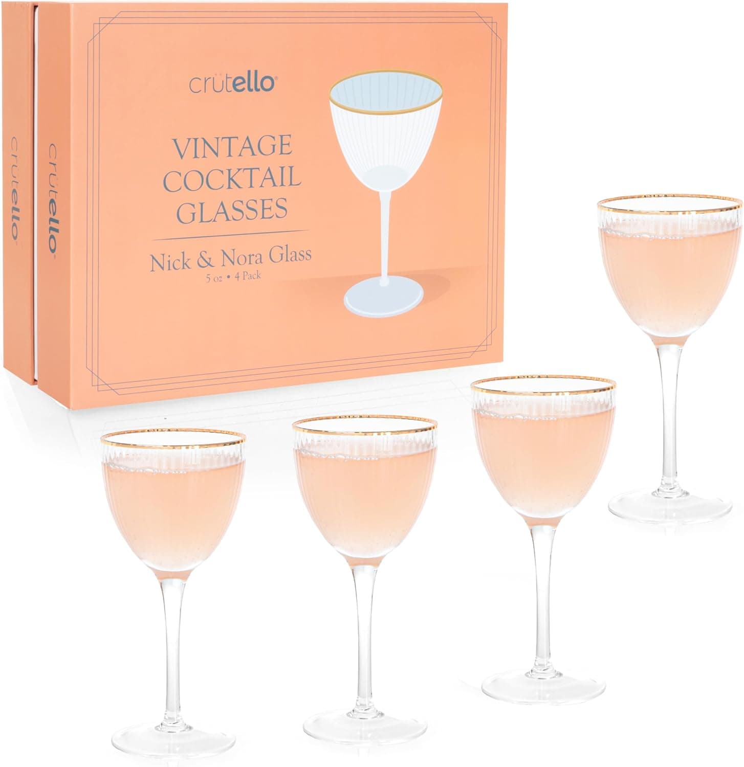 Crutello Nick and Nora Cocktail Glasses 5oz Art Deco Ribbed Gold Rim, Set of 4