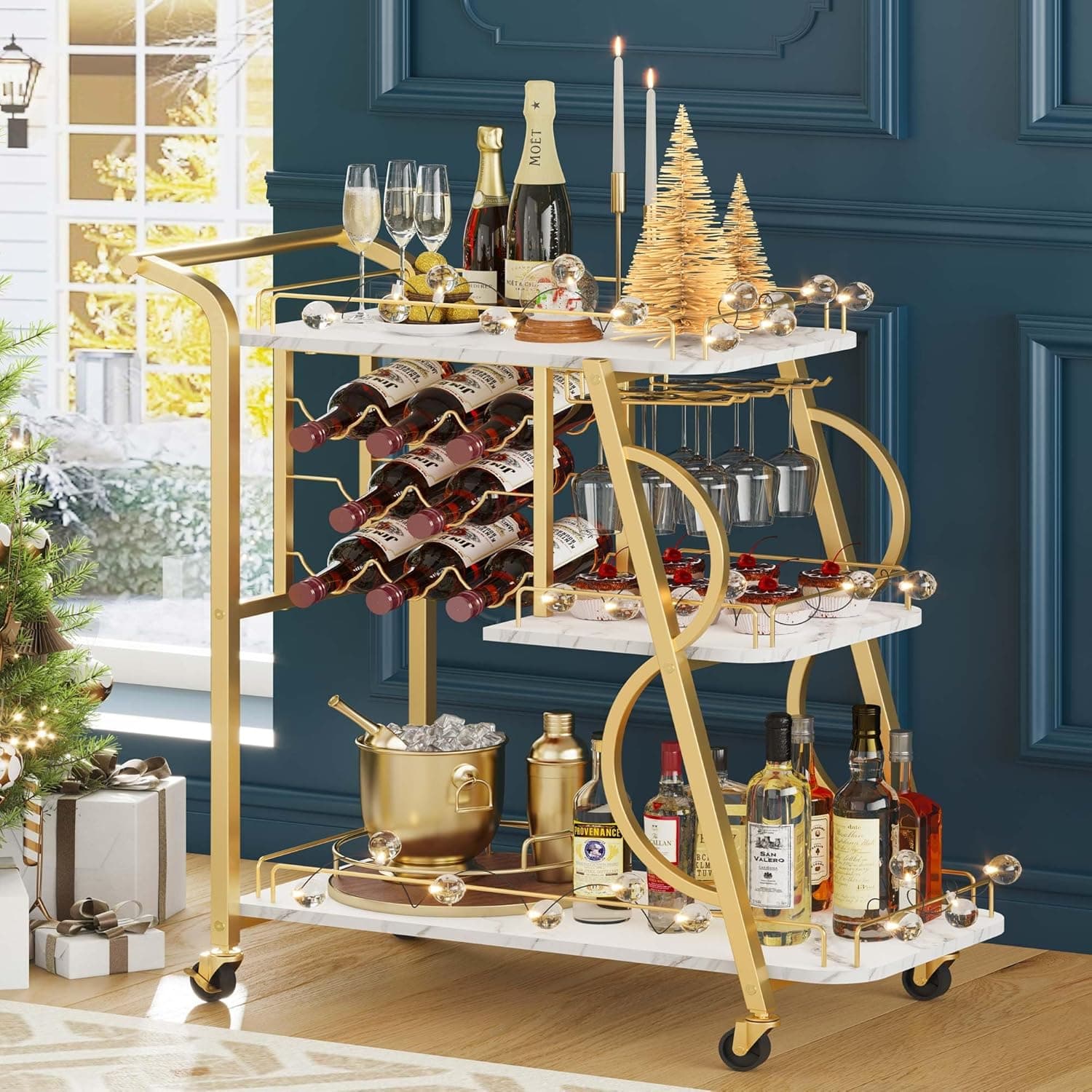 Aubtik Bar Cart Gold with Wine Glass Holder, 3-Tier Drink Cart (Gold & Marbleized White)