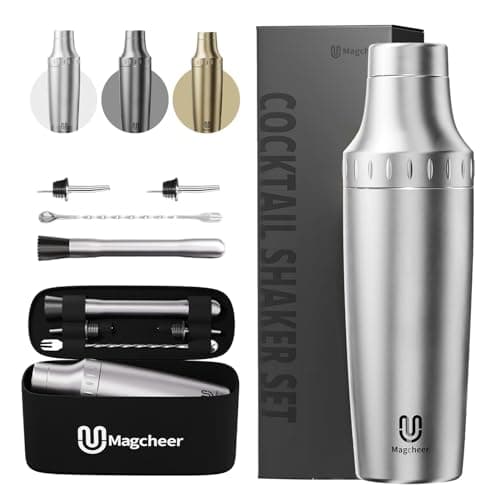Magcheer Hybrid Cocktail Shaker Set | Vacuum Insulated Stainless Steel Martini Shaker with Strainer & Jigger Lid | Travel cocktail kit with Bartender Accessory Tools | 30oz | Silver