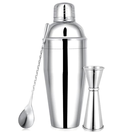 BARsics 24oz Stainless Steel Bar Cocktail Shaker, 1oz/2oz Jigger and 8" Mixing Spoon