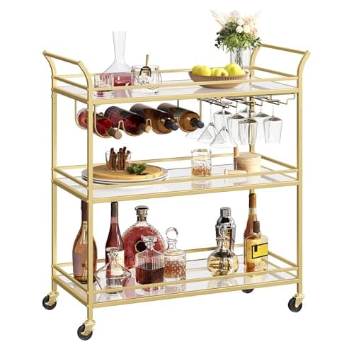 VASAGLE Bar Cart Gold, Large Home Bar Serving Cart with 3-Tier | Mirrored Shelf, Wine Holders, Glass Holders, Kitchen, 15 x 33.9 x 35.4 Inches, Gold ULRC083A02