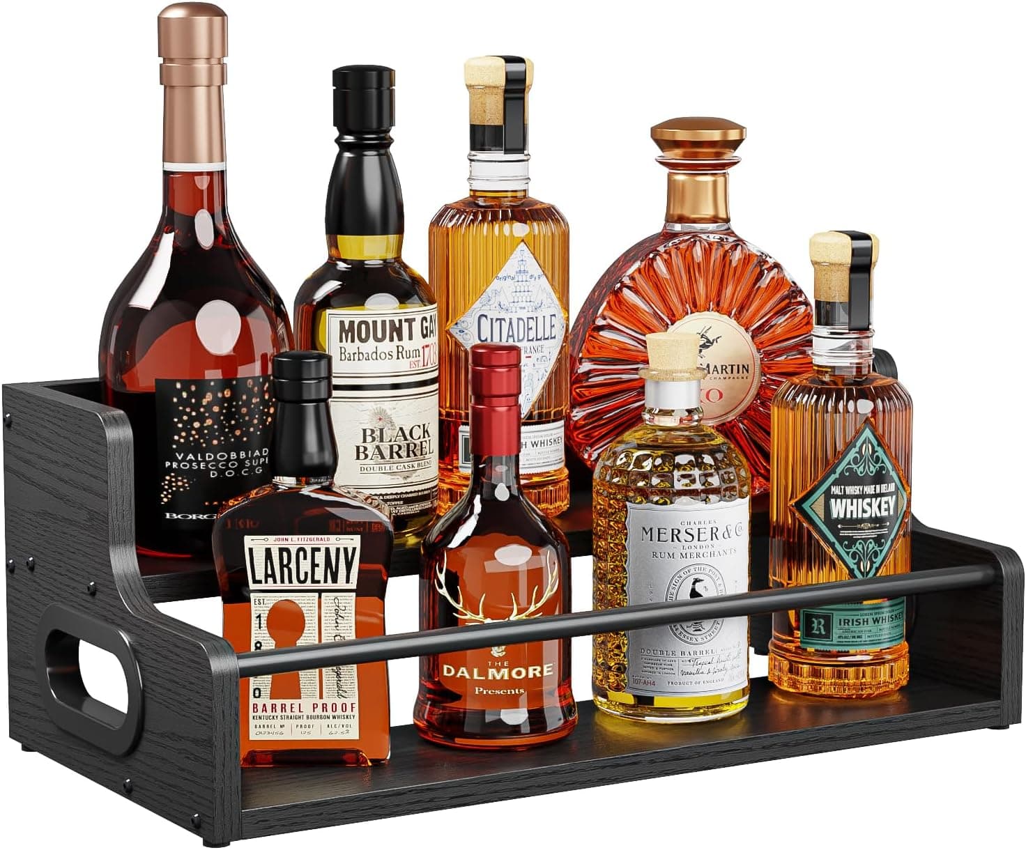 KLM 2-Tier Liquor Bottle Display Shelf, Bar Counter Organizer with Metal Rod, Pink