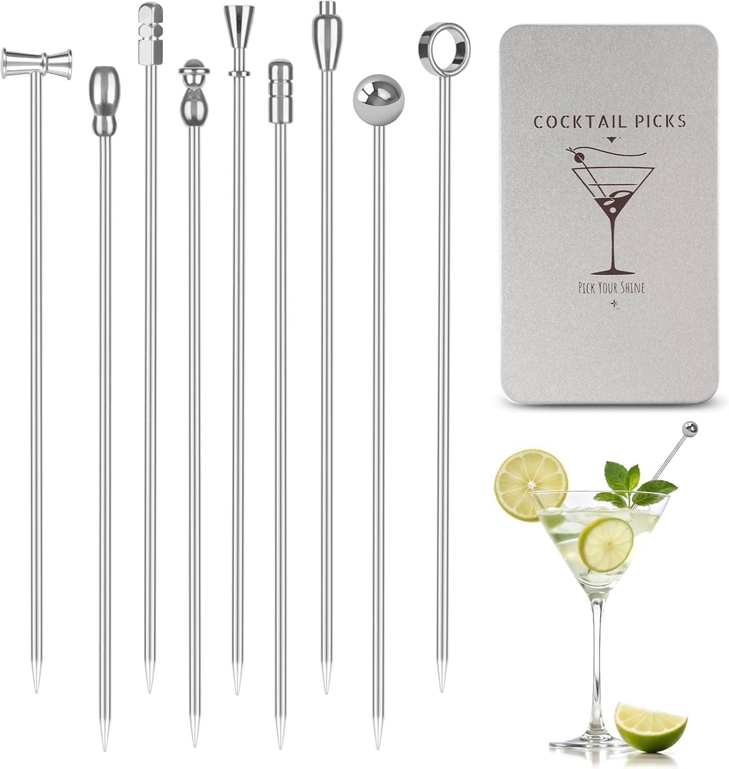 Metal Martini Cocktail Picks 9 Pcs 4.1 in Olive Skewers Stainless Steel