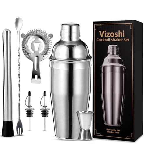 Vizoshi Cocktail Shaker Set, 7-Piece Bartender Kit, Mixology Kit, Bar Set | Stainless Steel Cocktail Making Kit for Home Bar and Parties with Martini Shaker, Jigger, Strainer, Muddler and Pourers