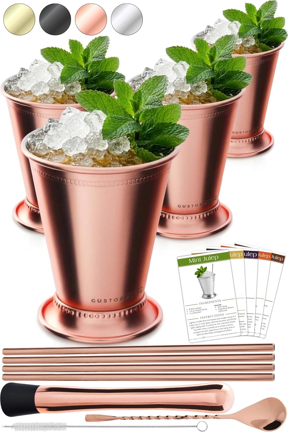 Gusto Nostro Mint Julep Cups Set of 4 - Stainless Steel Kit with Straws, Muddler, Spoon (Rose)