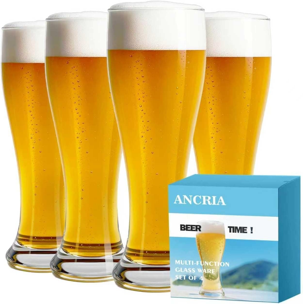 ANCRIA Pilsner Beer Pint Glasses 18.5oz, Craft Beer, Set of 4