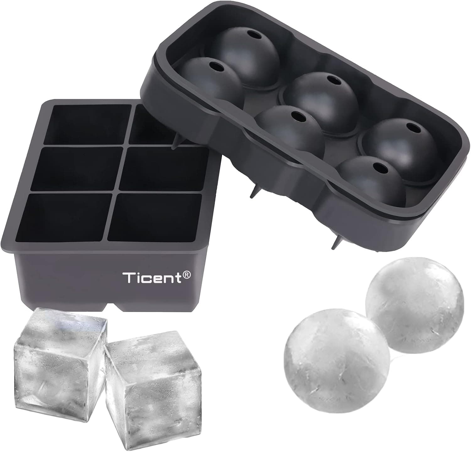 Ticent Ice Cube Trays (Set of 2) Silicone Sphere & Large Square Molds
