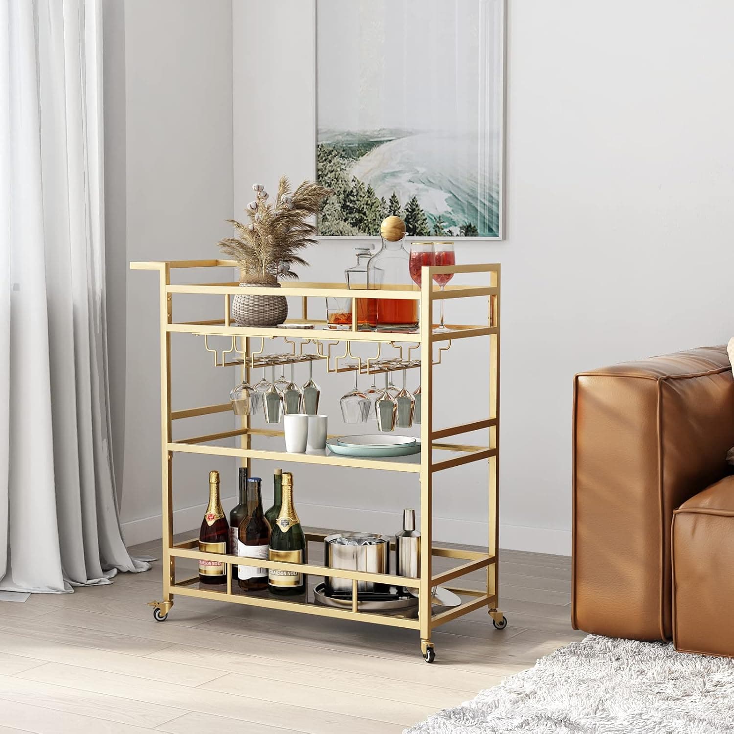 LORMITER Gold Bar Cart with 3 Tier Glass Shelves, Wine Rack and Glass Holder