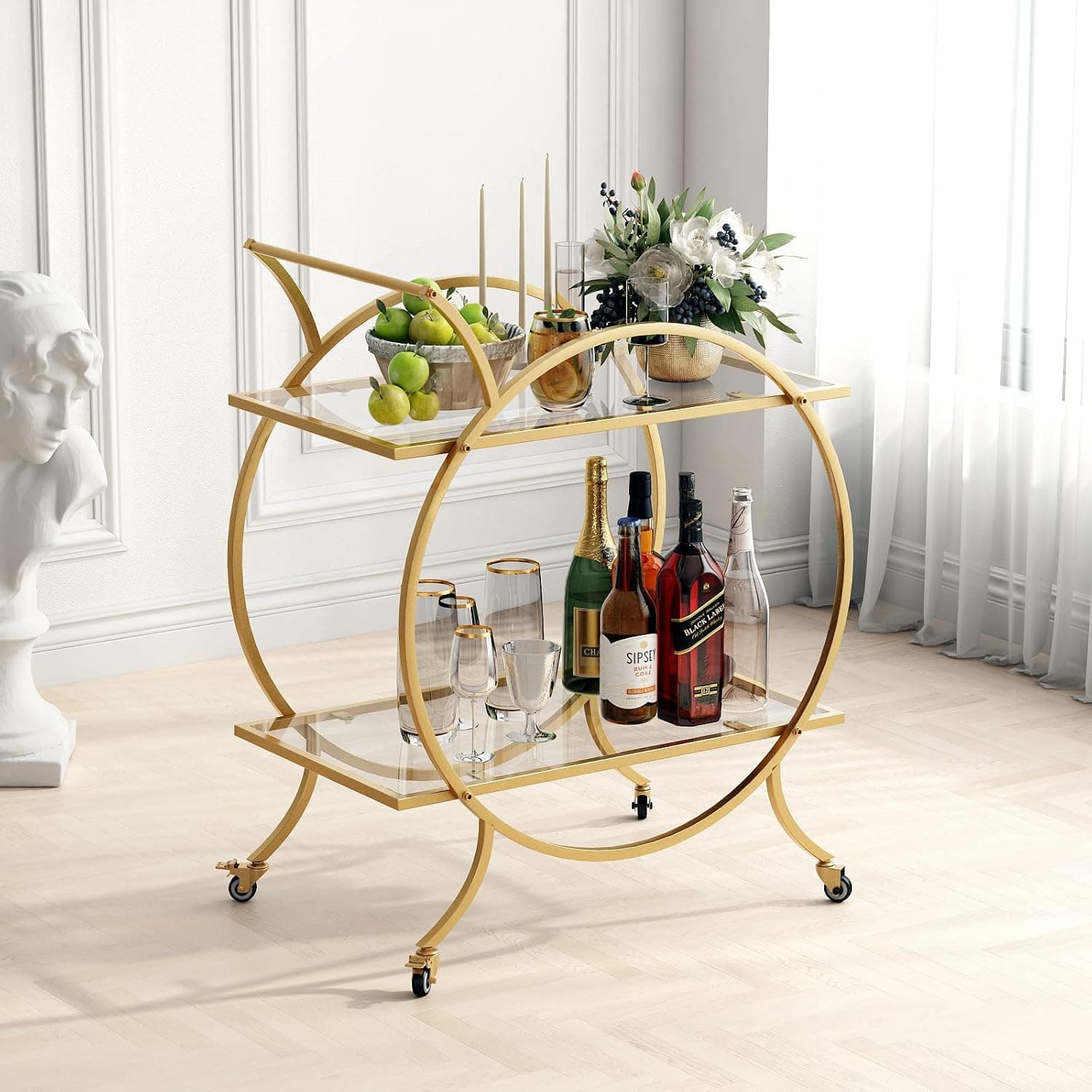 LORMITER Gold Bar Cart with Lockable Casters and 2 Mirrored Shelves