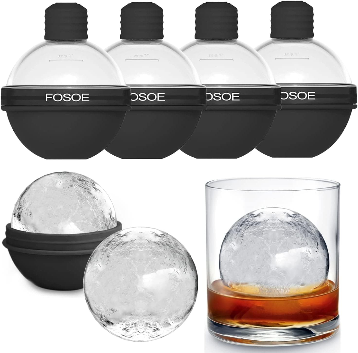 Silicone Ice Ball Molds for Whiskey, Set of 4 Round Makers with Lids