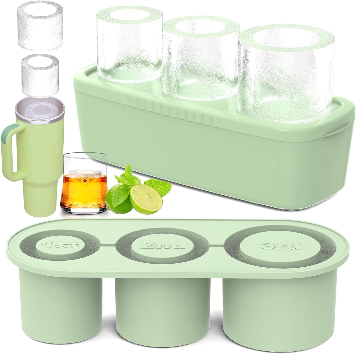 Cylinder Ice Cube Tray for 30-40oz Tumbler, 3 Pcs with Lid and Bin