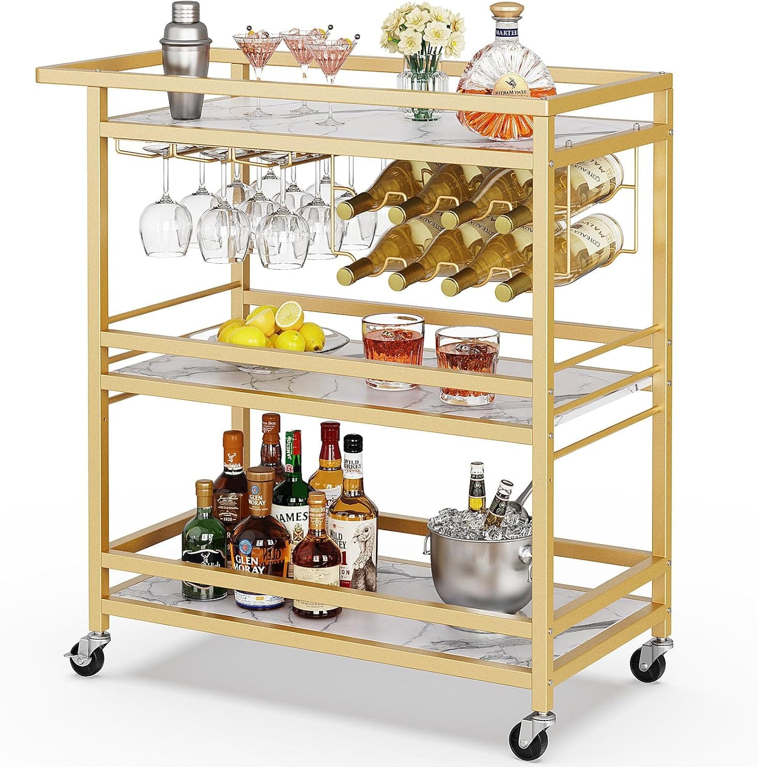 Leteuke Bar Cart 3 Tier Gold Serving Rolling Cart with Marbled Wooden Shelves