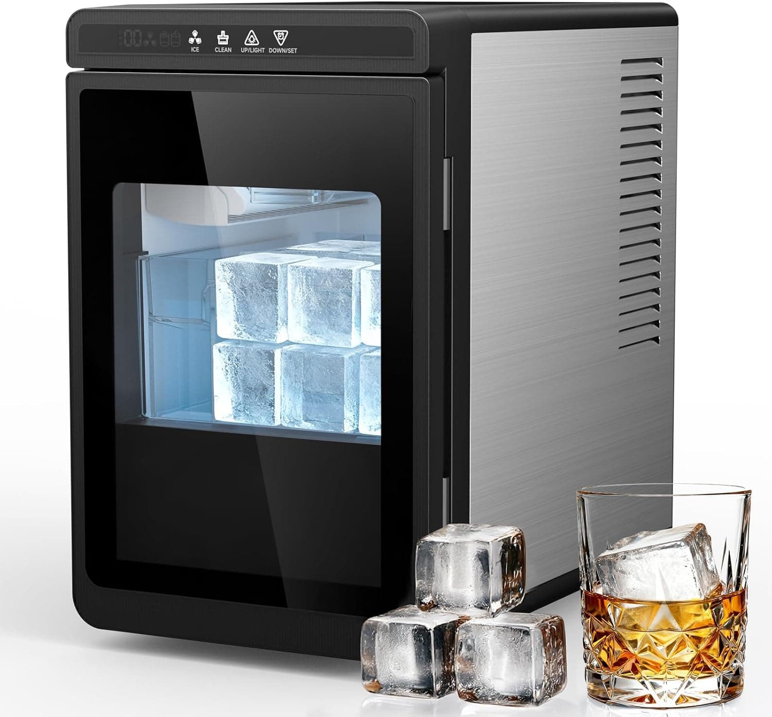 Clear Ice Cube Maker Countertop, 3 Crystal 1.6" Cubes in 25 Mins