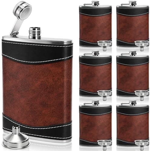 Cididu 6 Pack Leather Hip Flasks for Liquor, 8 oz Stainless Steel Whiskey Flasks Set with Funnels, Leak Proof Pocket Drinking Flasks for Men Women, Groomsmen Gifts, Wedding Birthday, Food Grade