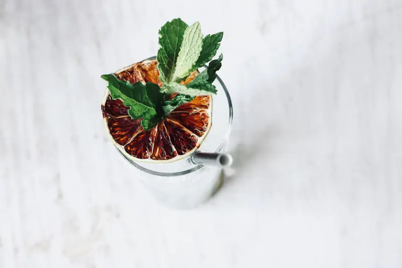 Top view of a refreshing cocktail with mint and citrus garnish in a glass